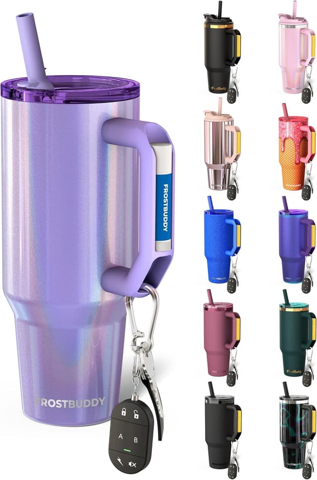 Detalle de Thicc Buddy 40 oz Stainless Steel Vacuum Tumbler with Flip Lid and Straw (Amethyst) — Cupholder-Friendly Travel Mug