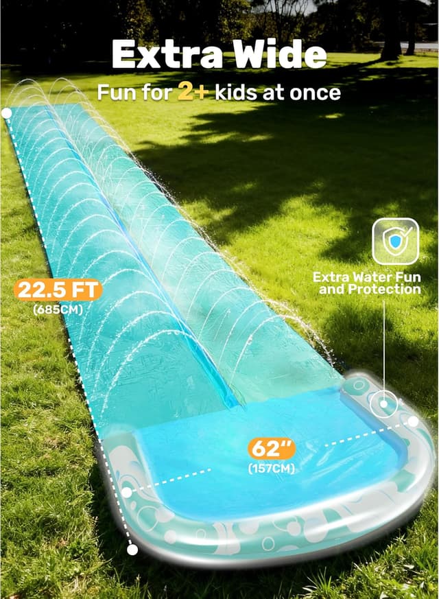 Detalle de JOYIN Double Bubble Extra Long Lawn Water Slide with Built-in Sprinkler and 2 Bodyboards (22.5ft/685.8cm)