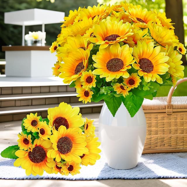Detalle de Kinisty 4 Packs Large Artificial Sunflower Bouquets (Silk & Plastic) for Indoor/Outdoor Decoration