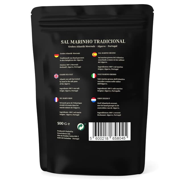Detalle de GreenValence Sal Marinho Tradicional – 100 % naturbelassenes grobes Meersalz aus der Algarve (500 g)
