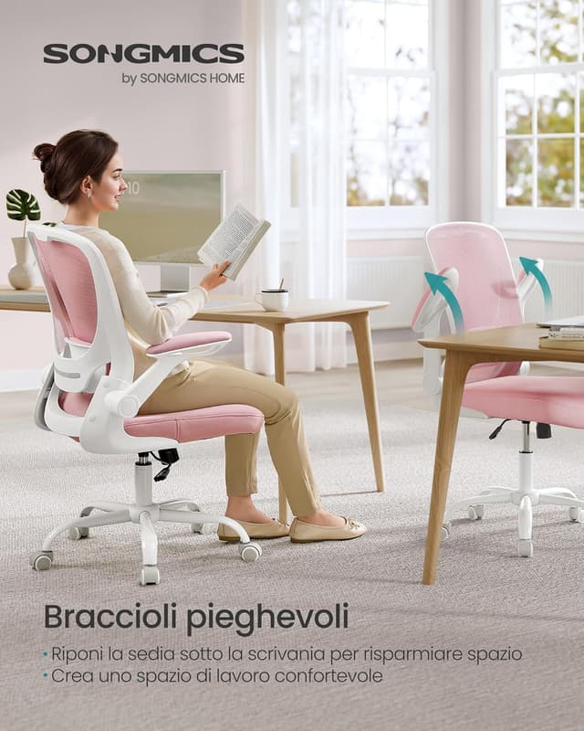 Detalle de SONGMICS OBN037R01 sedia da ufficio girevole in rete con supporto lombare e braccioli pieghevoli, rosa pastello