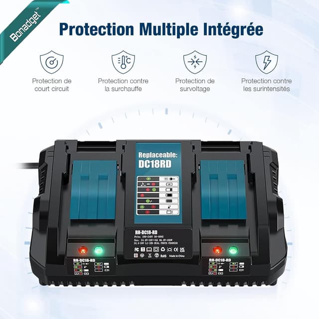 Detalle 2 de Bonadget 6A Dual Fast Battery Charger for Makita 14.4V–18V LXT (UK 3‑pin) DC18RD-style