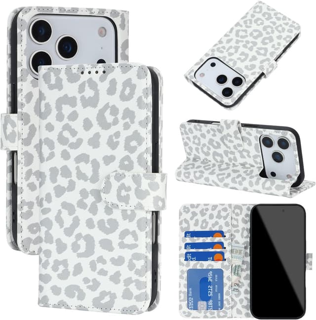 Imagen de Zouzt PU leather wallet case for iPhone 17 Pro (6.3 inch) with card slots, cash pocket & kickstand (White Leopard) en OfertitasTOP