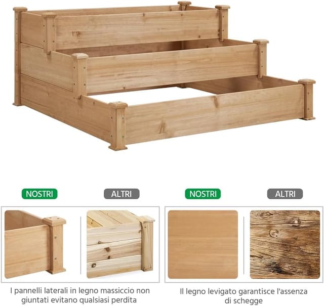 Detalle de Yaheetech letto orto rialzato da giardino ETSerno interno grande a 3 livelli, 120 x 120 x 56 cm, in legno marrone chiaro