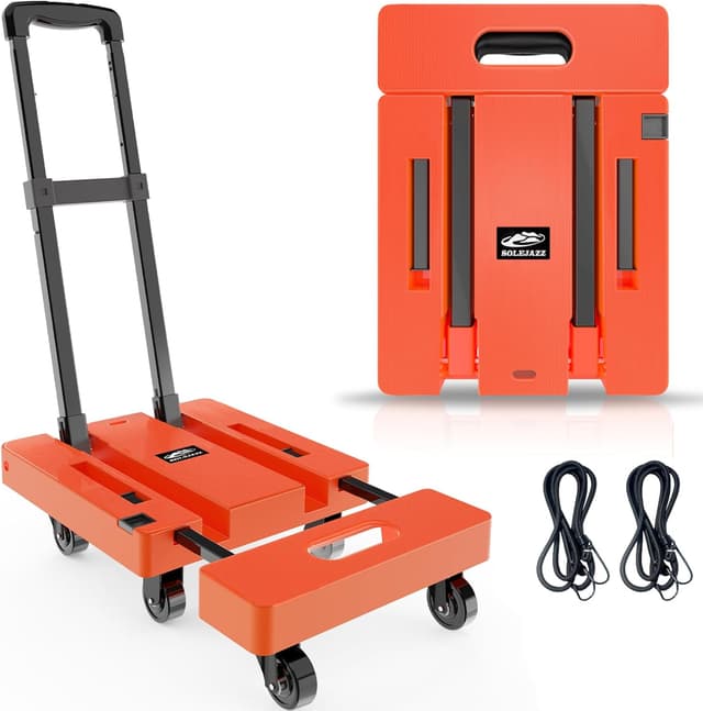 Detalle de SOLEJAZZ Folding Hand Truck (Portable Dolly) 500LB capacity with 6 wheels, 3-height handle, orange