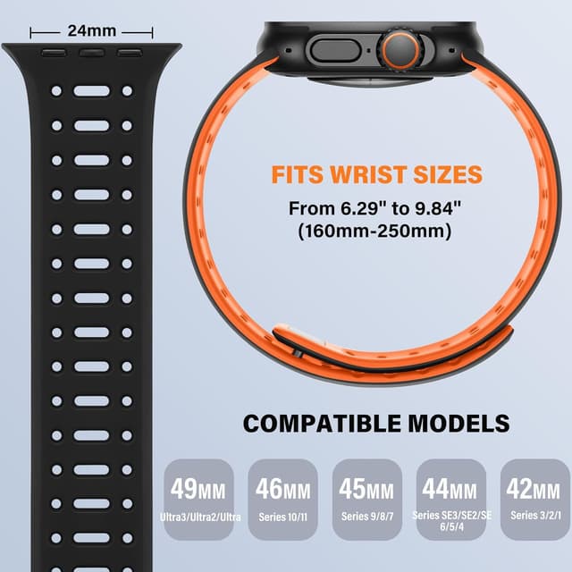 Detalle de Sixmoat Magnetic Strap for Apple Watch (49mm/46mm/45mm/44mm/42mm) in Black-Orange