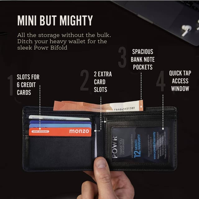 Detalle 2 de POWR portafoglio da uomo in vera pelle con blocco RFID, 6 scomparti carte e tasche per banconote