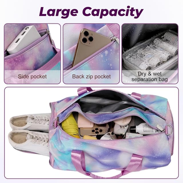 Detalle de Flintronic Sporttasche für Mädchen & Damen – kleine Schwimmtasche mit Nassfach und Schuhfach, lila