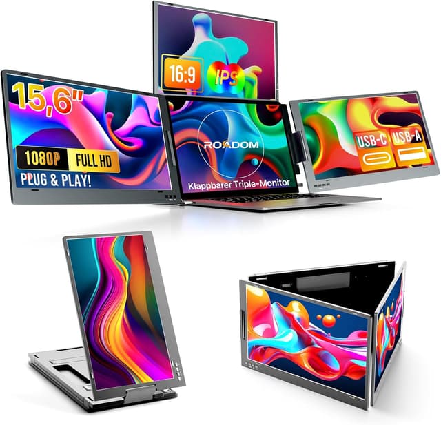 Detalle de ROADOM 15,6 Zoll tragbarer Triple-Monitor (Faltbar, Metallgehäuse, 360° drehbar) mit Type-C & USB – 1080P FHD IPS