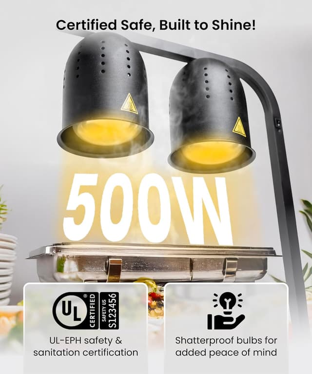 Detalle de SYBO DL2112 Commercial Grade Food Heat Lamp (2-Bulb, 500W) with Adjustable Stand, Black