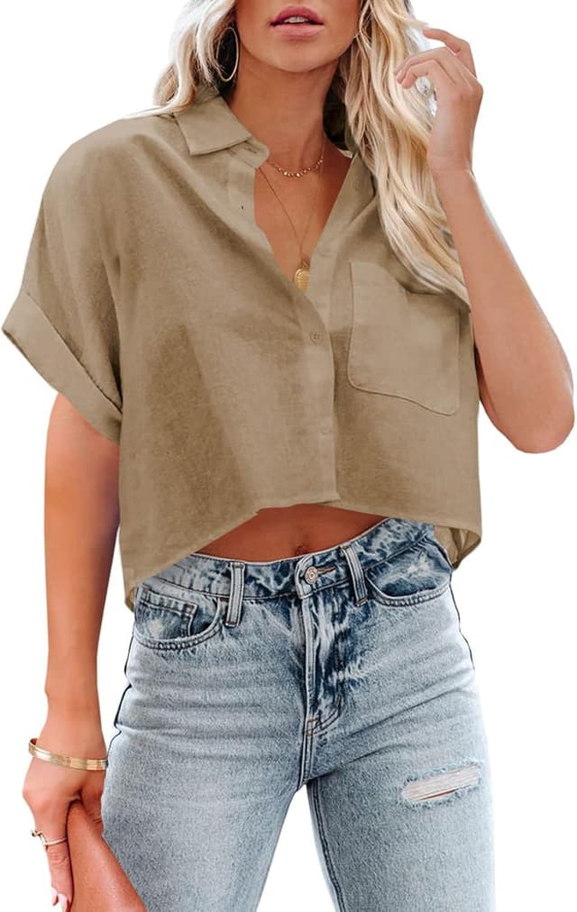 Detalle 2 de Tankaneo Women’s Button-Down Cropped Shirt (Long Sleeve) with Chest Pocket