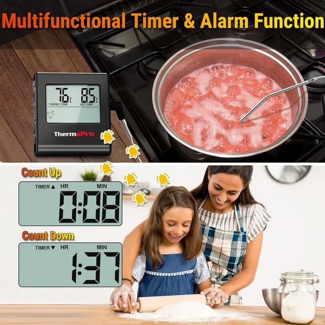 Detalle de ThermoPro TP16B termometro da cucina digitale con ampio display LCD, timer e sensore in acciaio inox