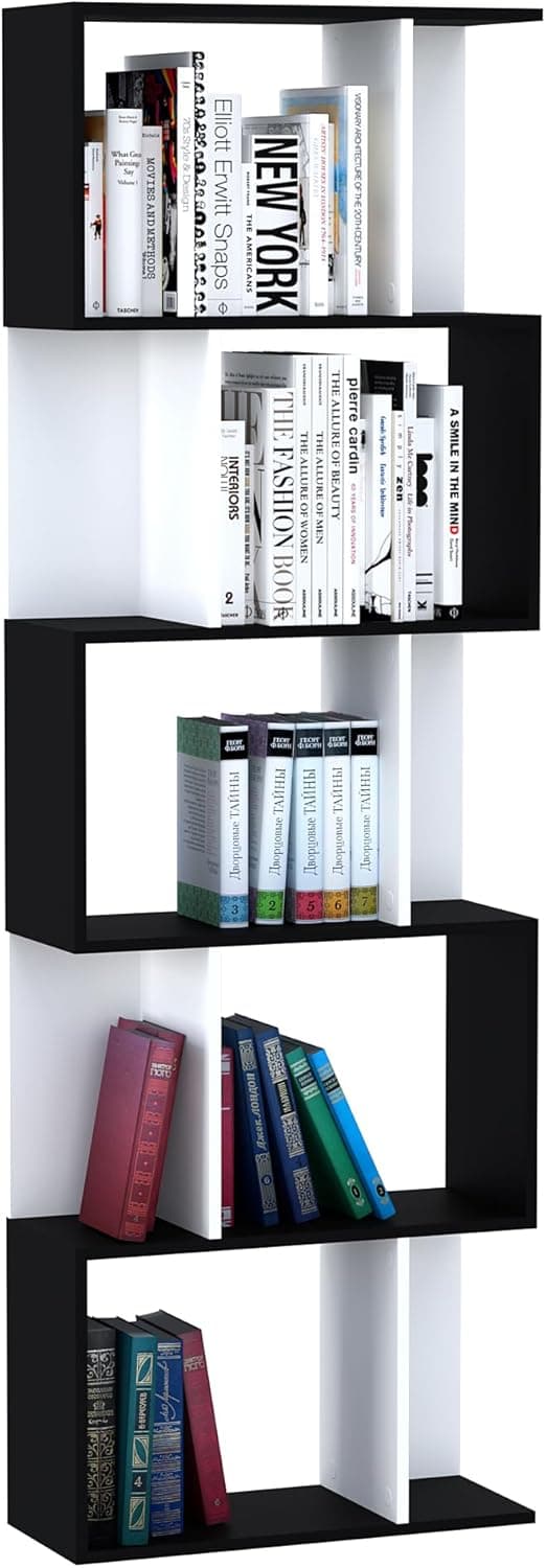 Detalle de HOMCOM Bibliothèque à 5 niveaux en S, meuble de rangement 60 x 24 x 184,5 cm Noir & Blanc
