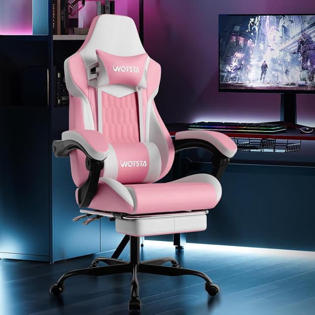 Detalle de WOTSTA Gaming Chair with Footrest, Lumbar Support and 135° Recline (Pink White)