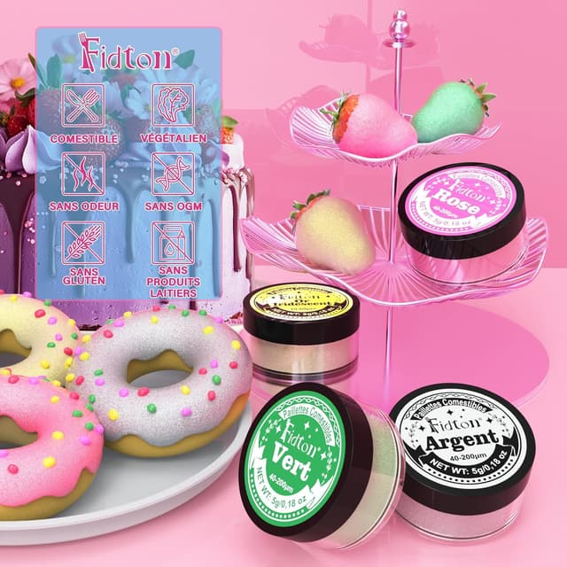 Detalle de Paillettes comestibles Fidton – kit 4 couleurs vives pour décoration de gâteaux et cocktails (5 g)