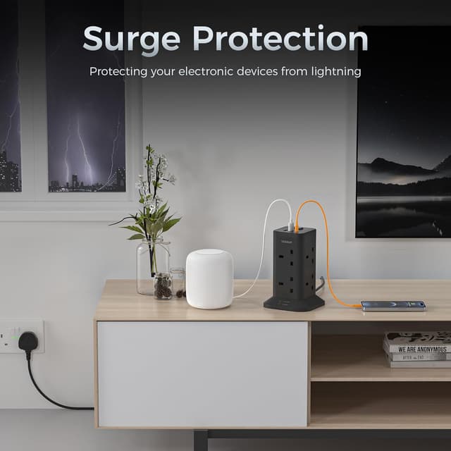 Detalle 2 de TESSAN Tower Black 8-Way Extension Lead with USB-C and USB-A Ports (2m) — Surge Protected