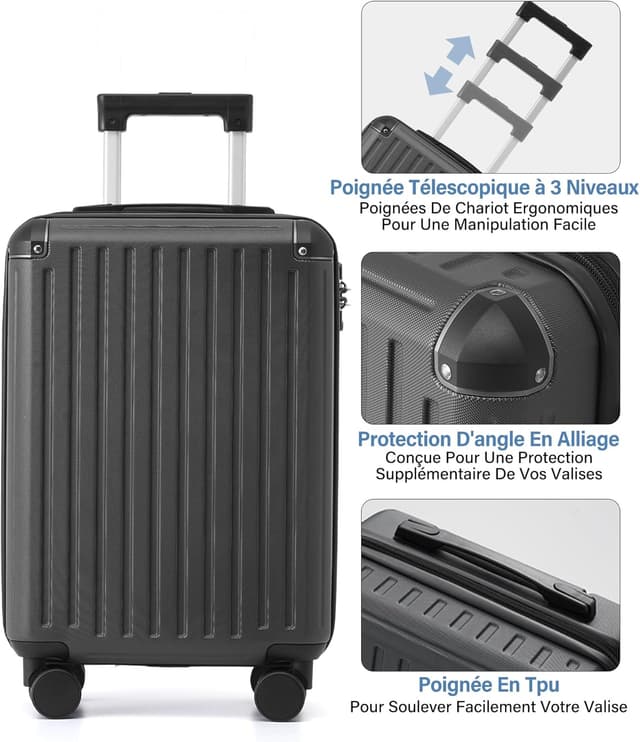 Detalle de COOLIFE Valise cabine rigide 55 x 35 x 20 cm pour avion avec serrure TSA et 4 roulettes jumelées