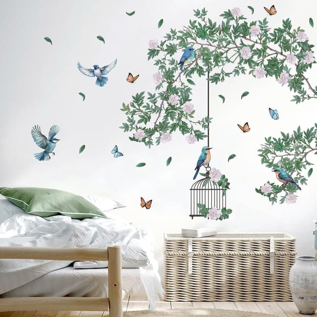 Detalle de HPUINB Green Plants & Birds wall stickers with tropical leaves (removable palm tree mural)