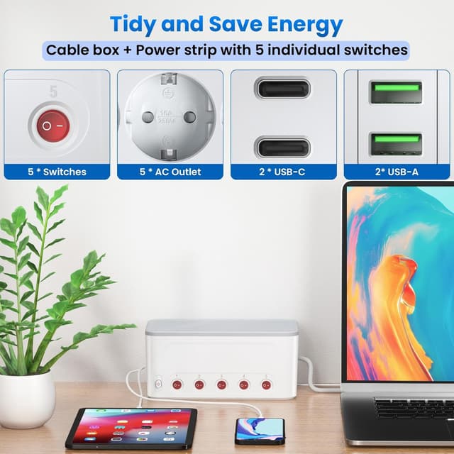 Detalle 2 de Ciabatta multipresa USB con scatola porta cavi e 5 prese Schuko (interruttori indipendenti) – Bianco, cavo 1,5 m