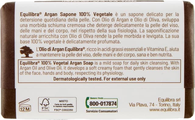 Detalle de Equilibra Argan Sapone 100% vegetale, 100 g (confezione da 12)