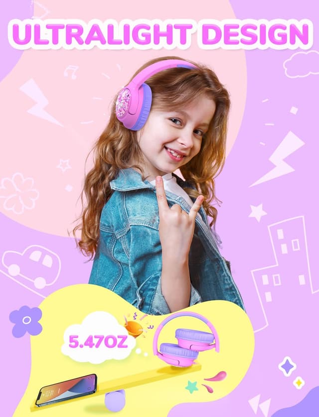 Detalle 1 de iClever Kids Wired Headphones (85 dBA volume limit) – Foldable Over-Ear for School (Purple Glitter)
