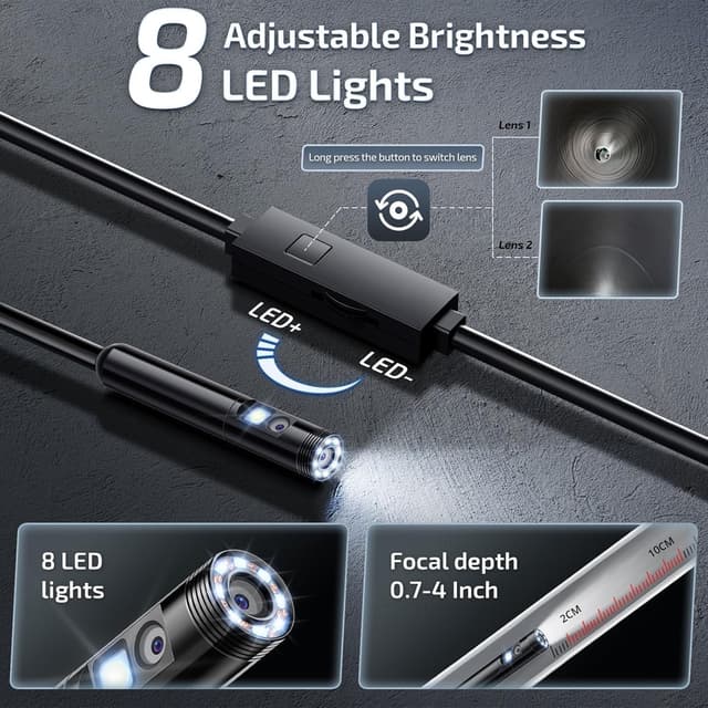 Detalle de Dual-Lens Endoscope Inspection Camera with Lights (1920P HD) and Semi-Rigid Snake Lens – UseePlus-style app support