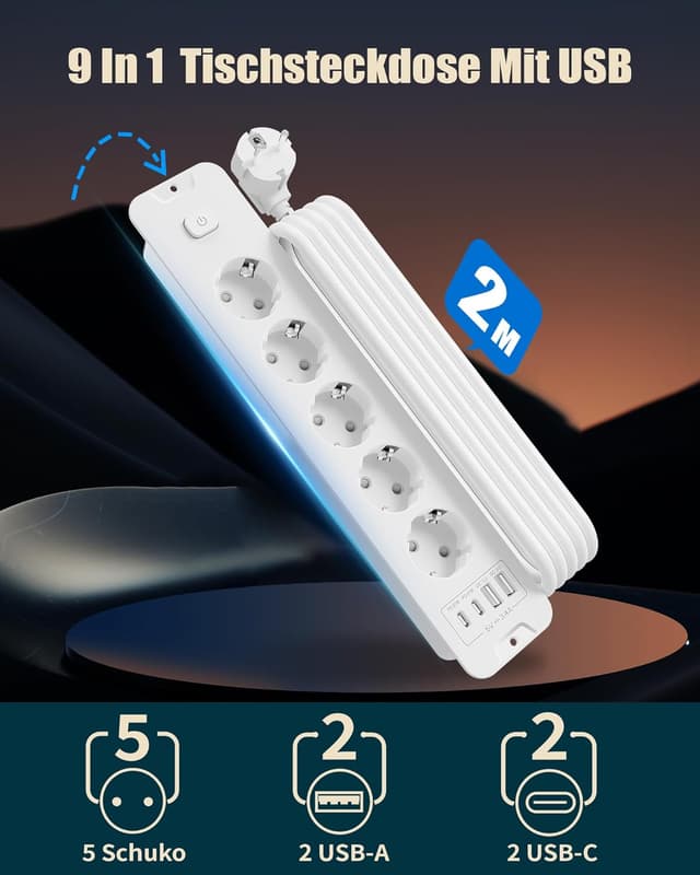 Detalle de Inhwatek Steckdosenleiste mit USB (PD 20W) – 5-fach Einbausteckdose 9-in-1 mit 2 m Kabel, 16A/4000W
