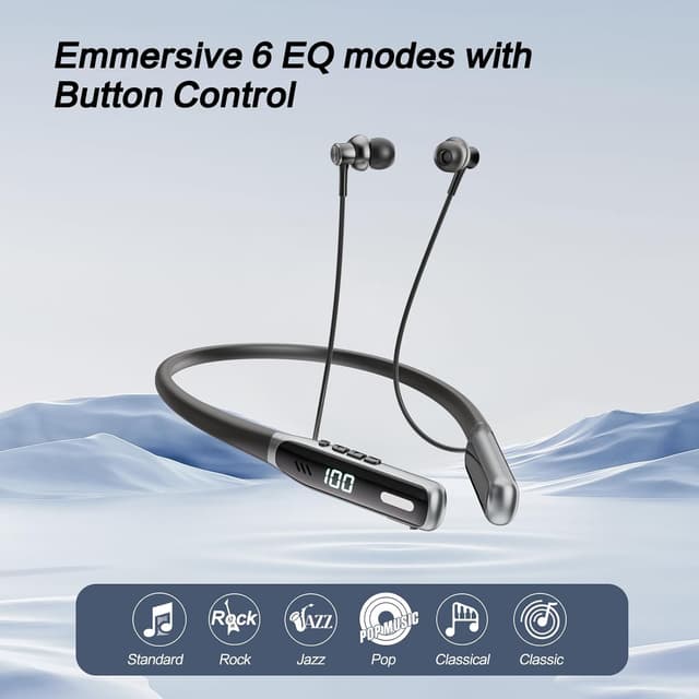 Detalle de NEOQOQO Wireless Neckband Earbuds (Bluetooth 5.4) with Built-In Mic, Deep Bass, 80H Playtime (Black)