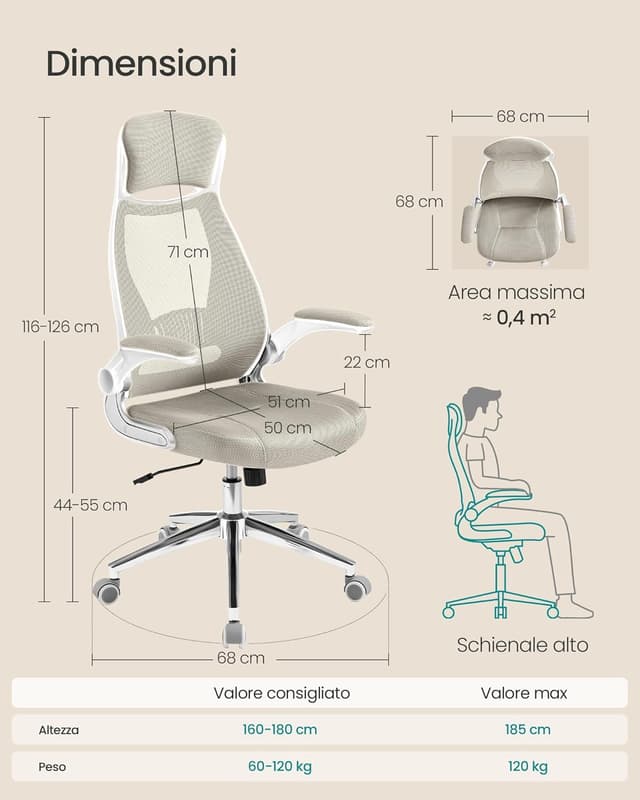 Detalle de SONGMICS Sedia da Ufficio OBN086K01 Beige Cappuccino con poltrona girevole, braccioli ribaltabili e poggiatesta