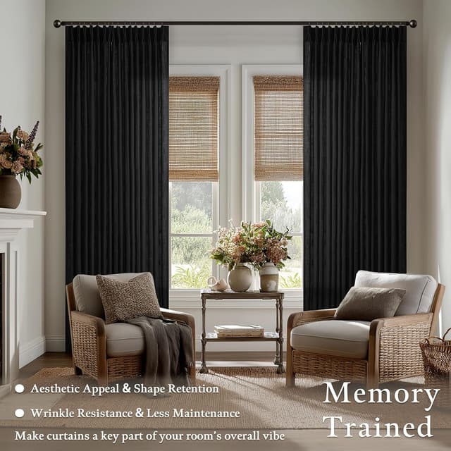 Detalle 2 de Black Pinch Pleated Linen Curtains, 105 Inches Long (2 Panels Set) with Memory-Shaped Pleats