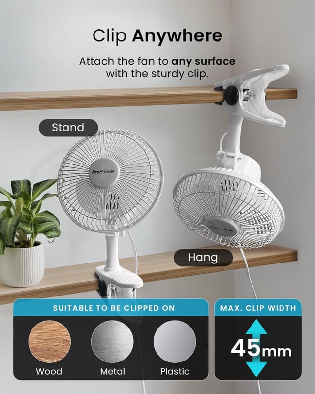 Detalle 2 de Pro Breeze 6 Inch Clip on Fan with 2 Speeds (Mains Powered) – Quiet 360° Rotation Desk Fan