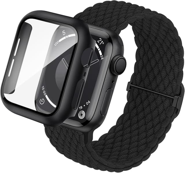 Detalle de Raradev 3-in-1 braided strap case & 9H tempered glass for Apple Watch (46mm, black) – compatible with SE3 & Series 11 to 4
