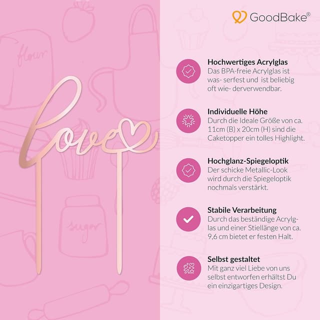 Detalle 2 de GoodBake Cake Topper „Love“ in Rosa/Rosé-Gold – Tortenaufleger für Hochzeit, Valentinstag & Geburtstagskuchen