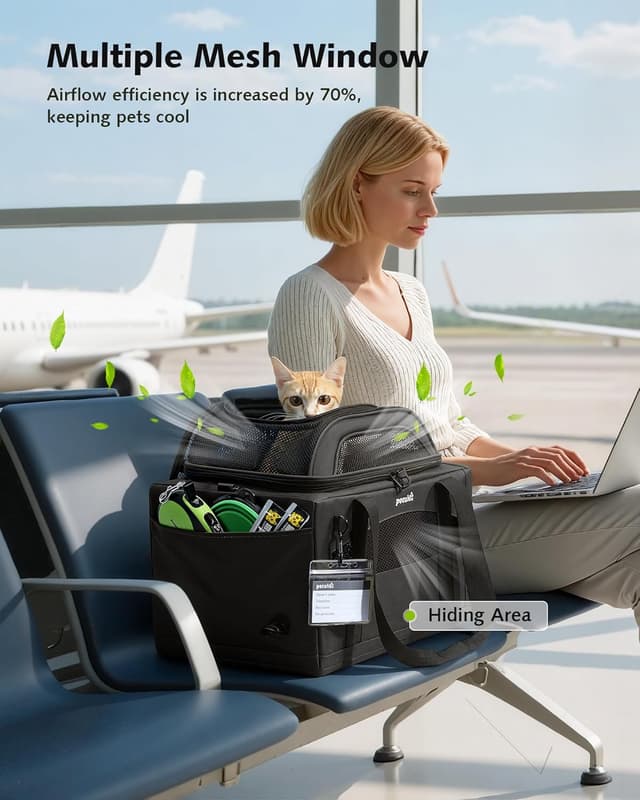 Detalle de Pecute Airline Approved Top Expandable Cat Carrier (Dark Grey) with Breathable Mesh Windows