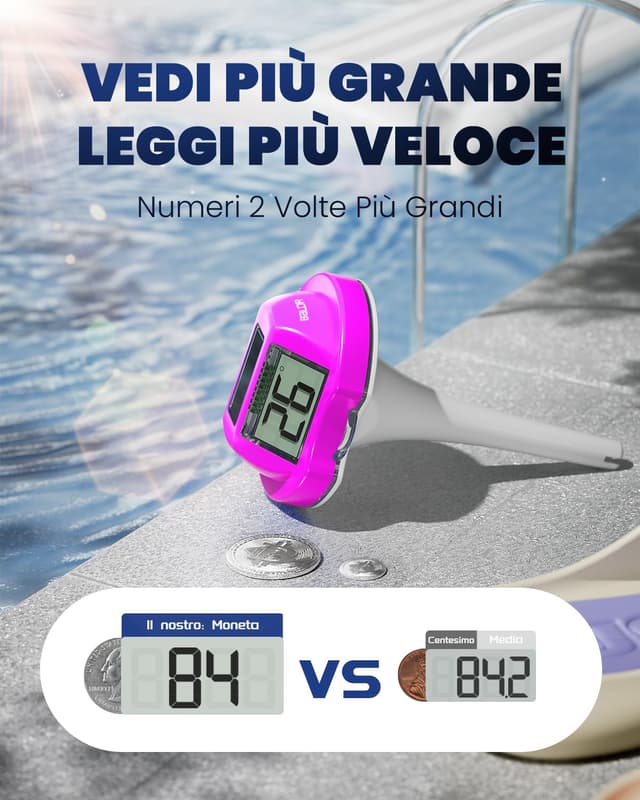 Detalle 2 de Termometro galleggiante BALDR Solare con doppio display anti-riflesso IPX7 per piscine e SPA (viola)
