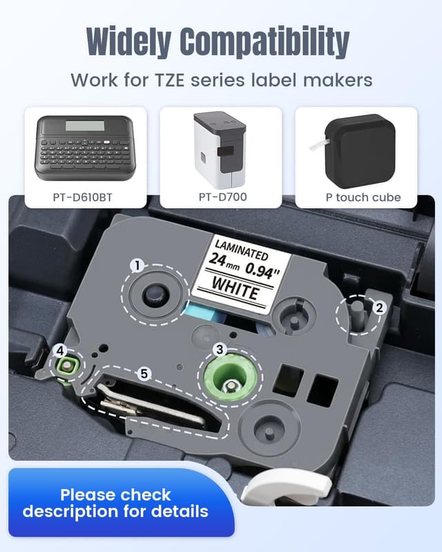Detalle 2 de Oozmas TZ Tape 24mm Laminated White TZe-251 Compatible Brother P-Touch Label Tape (4-Pack), Black on White