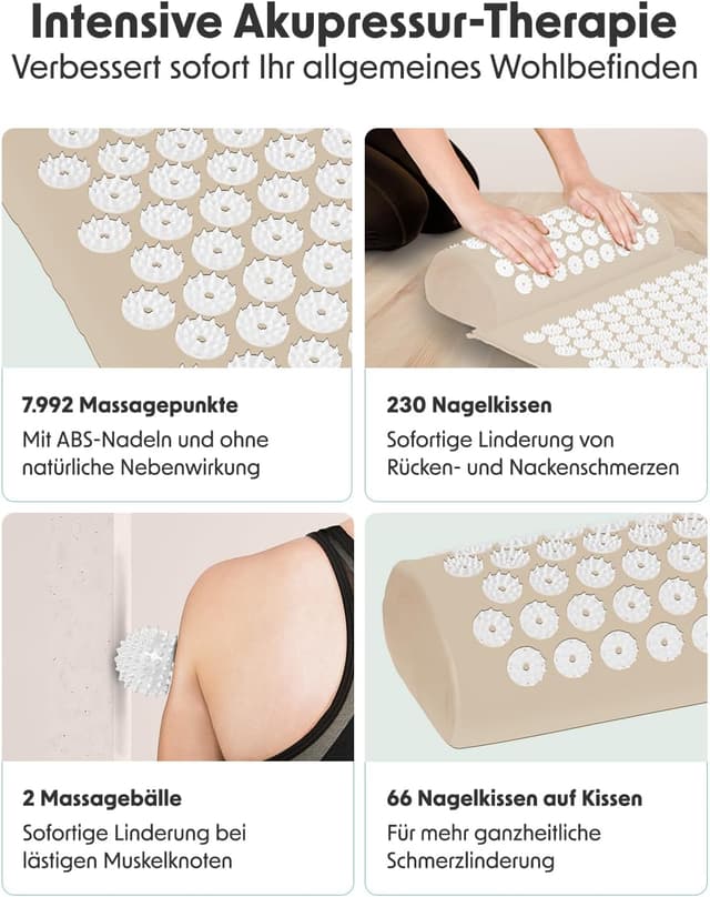 Detalle de LifeGoods Akupressurmatte mit Kissen – Akkupressurmatte für Rücken, Nacken & Entspannung