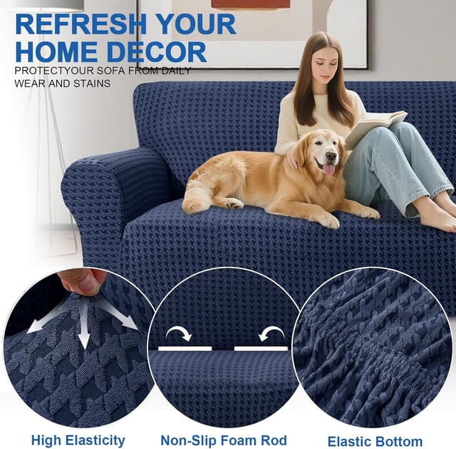 Detalle 2 de YSTELLAA Copridivano 2 posti con braccioli blu scuro, elasticizzato universale antiscivolo e lavabile