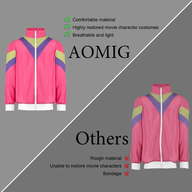 Detalle de Déguisement années 80 Aomig : survêtement disco rétro avec veste et pantalon (rose/rouge, taille M)