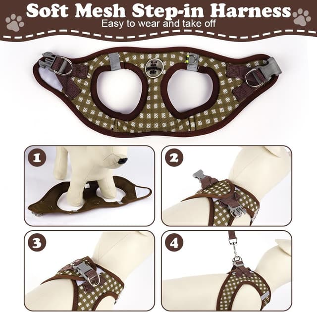 Detalle 2 de OFFCUP dog harness and leash set (soft mesh, reflective, step-in) – Brown, size M