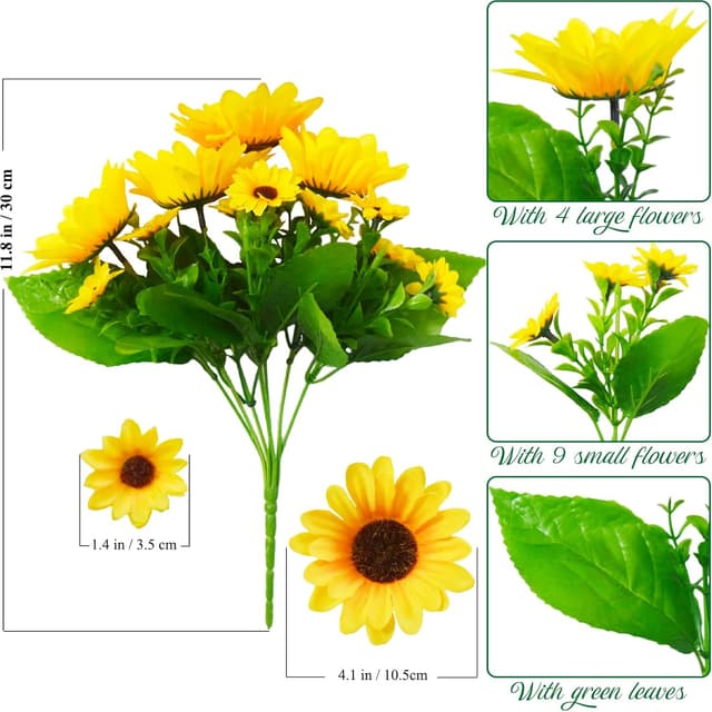 Detalle de Kinisty 4 Packs Large Artificial Sunflower Bouquets (Silk & Plastic) for Indoor/Outdoor Decoration