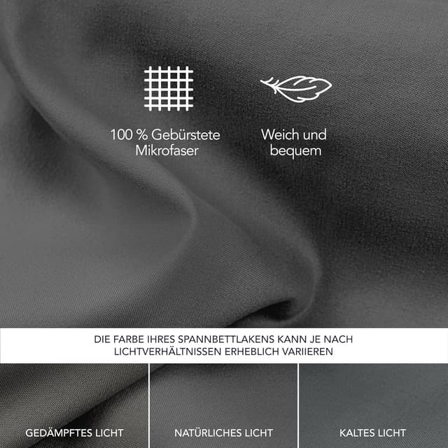 Detalle 2 de Dreamzie Spannbettlaken 200x200 cm (hoher Steg bis 33 cm) aus 100% Mikrofaser, dunkelgrau, Oeko-Tex geprüft