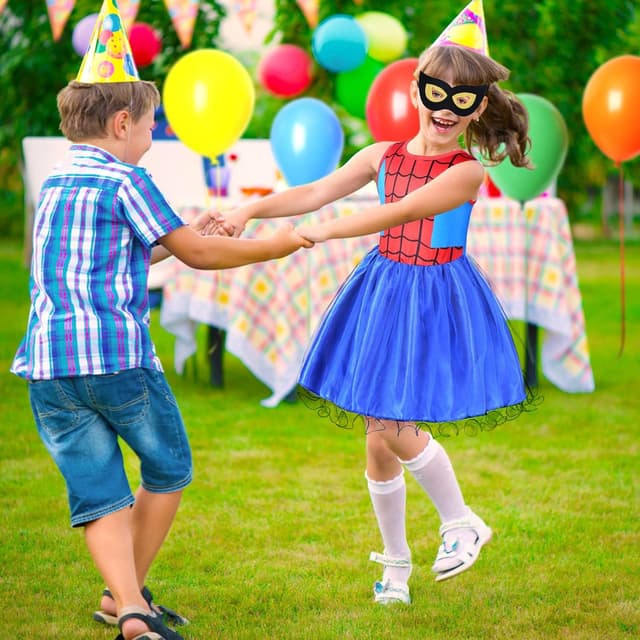 Detalle de Aomig Costume Supereroe Bambina: vestito Spider con maschere per Halloween, Carnevale e feste (Blu) 130CM