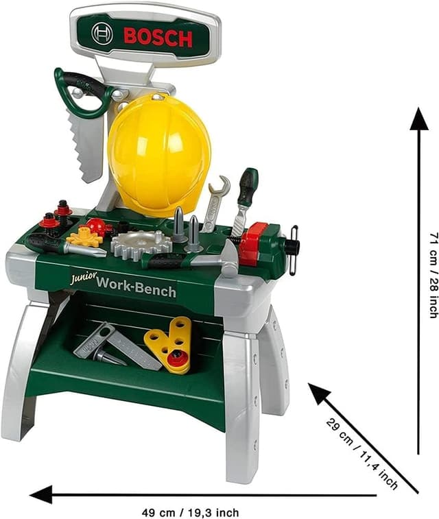 Detalle de Theo Klein 8612 Bosch Werkbank Junior 2+ inkl. Helm & Schraubstock – Spielzeug-Werkbank für Kinder ab 2 Jahren