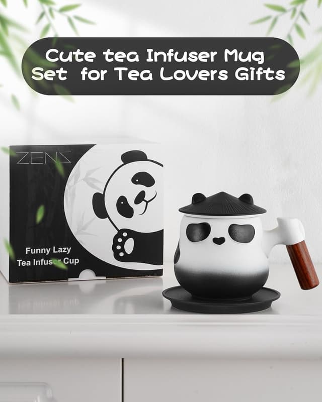 Detalle de ZENS Panda Tea Cup with Infuser and Lid (330 ml) in Ceramic & Wood – Black and White