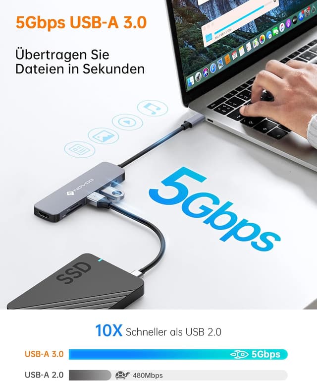 Thumbnail 4 de NOVOO USB-C Hub mit HDMI 4K@60 Hz, 2× USB-A 3.0, 100W PD & SD/TF für MacBook & weitere Typ-C-Geräte