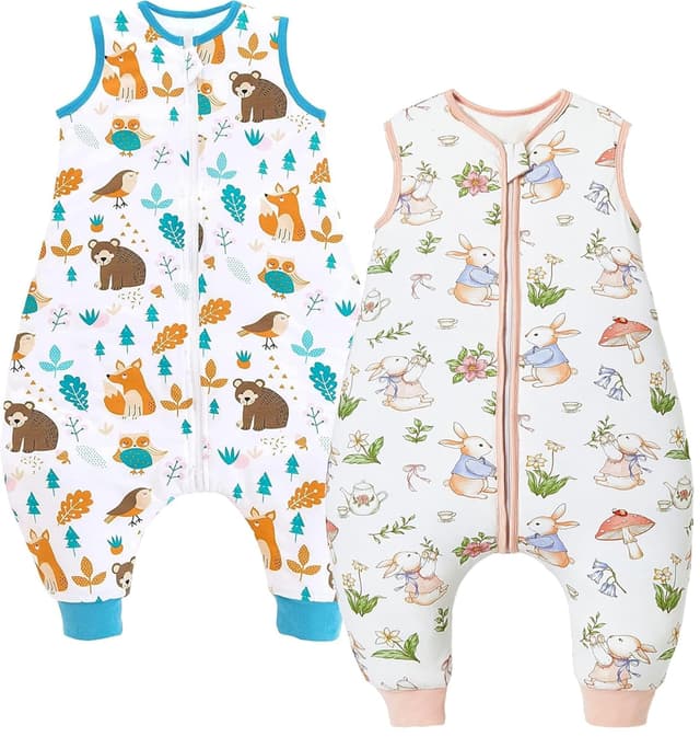 Detalle de Chilsuessy 2er-Set Baby-Schlafsack mit Füßen 2,5 Tog (80–100 cm) – Bär & Kaninchen