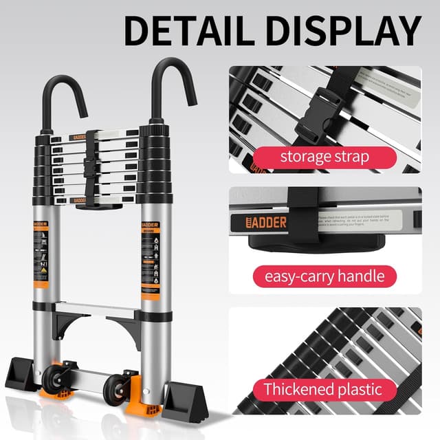 Detalle de Telescopic Aluminium Extension Loft Ladder with Non-Slip Feet, 3.2m (10.5ft) and Stabiliser Bar