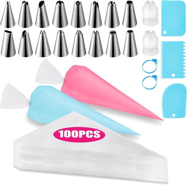 Detalle de Piping Bags and Tips Set (100 Disposable 12-Inch Pastry Bags, 16 Stainless Steel Tips, 2 Couplers) with Scrapers & Bag Ties