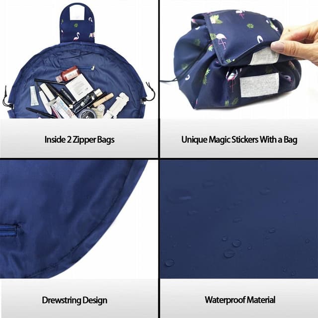 Detalle de Vavabox Lazy Drawstring Makeup Bag (Large Capacity) – Waterproof Navy Flamingo Travel Cosmetic Pouch
